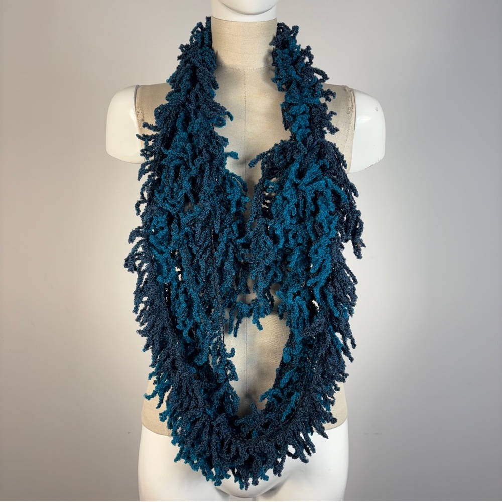 Handmade Artisan Blue Turquoise Loop Scarf Fringe Knit
